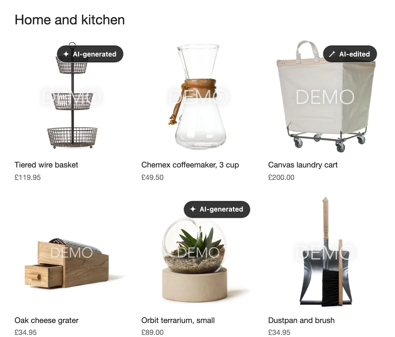 A category page with six products. The tiered wire basket and the small terrarium carry an AI-generated label, and the laundry cart an AI-edited label.