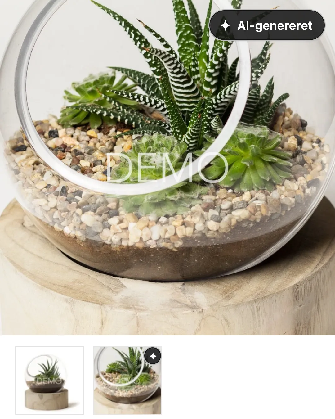 Terrariets produktside på en telefon, med »AI-genereret«-mærkningen i hjørnet af fotoet.