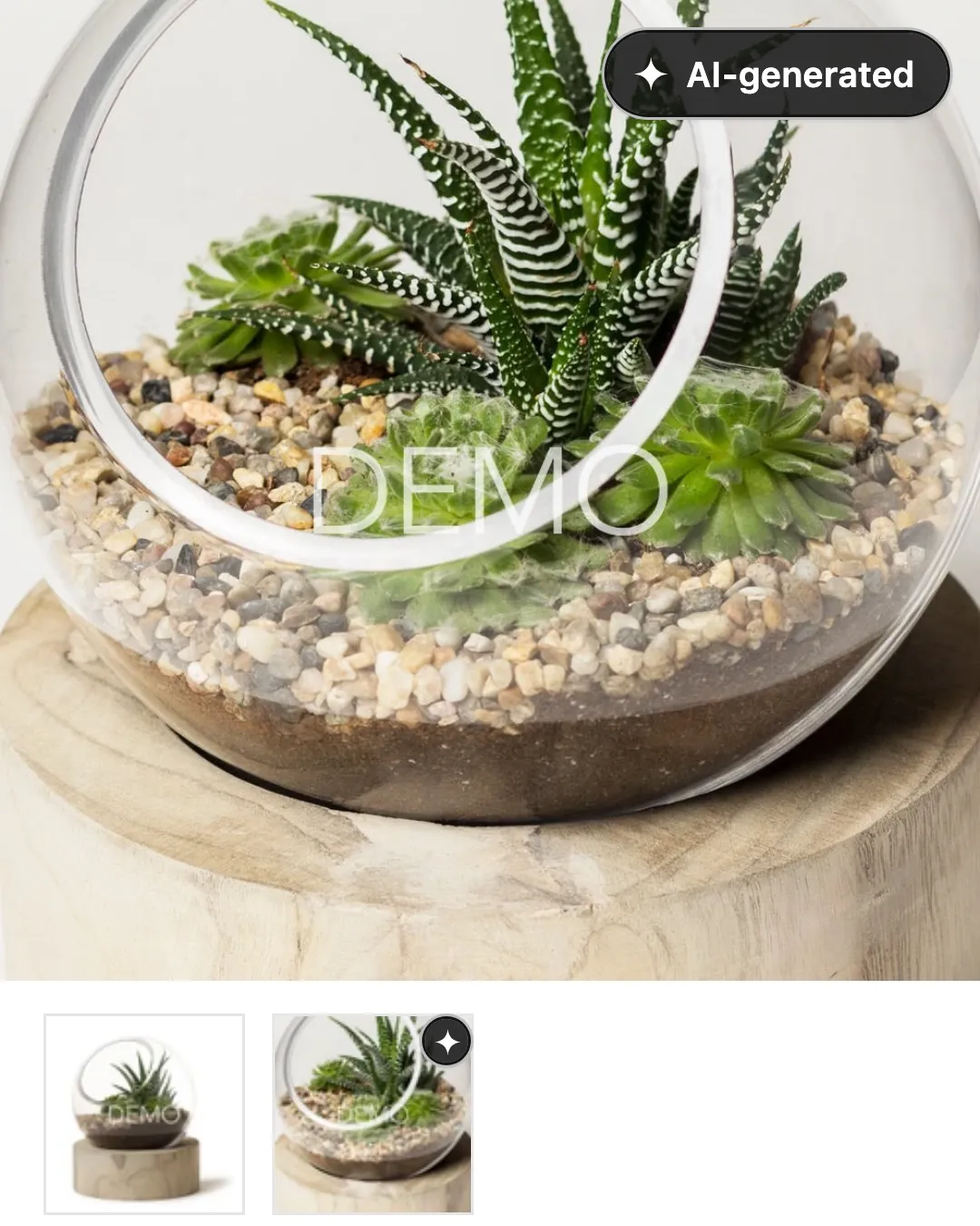 The terrarium product page on a phone, with the AI-generated label in the corner of the photo.