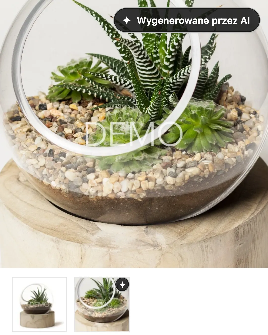 Strona produktu z terrarium na telefonie, z etykietą „Wygenerowane przez AI” w rogu zdjęcia.