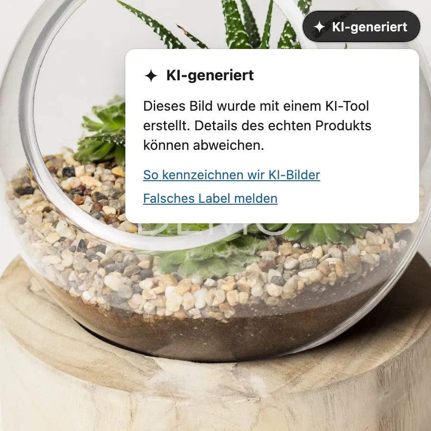 Eine Produktseite für ein Glasterrarium. Ein dunkles Label „KI-generiert“ sitzt oben rechts im Foto, darunter ist seine Erklärung geöffnet.