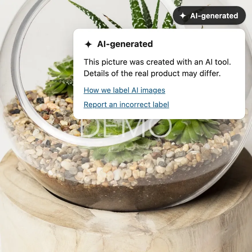 A product page for a glass terrarium. A dark AI-generated label sits in the top right corner of the photo, with its explanation open below it.