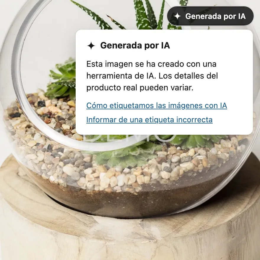 Página de producto de un terrario de cristal. Una etiqueta oscura «Generada por IA» está en la esquina superior derecha de la foto, con su explicación abierta debajo.