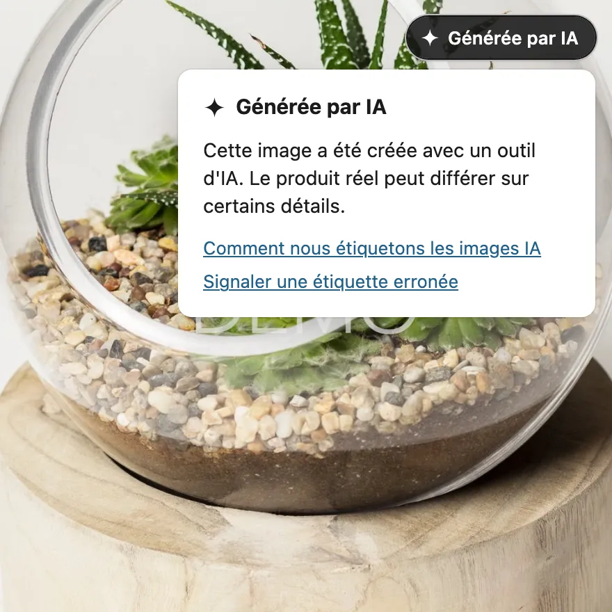 La page produit d’un terrarium en verre. Une étiquette sombre « Générée par IA » se trouve dans le coin supérieur droit de la photo, avec son explication ouverte en dessous.
