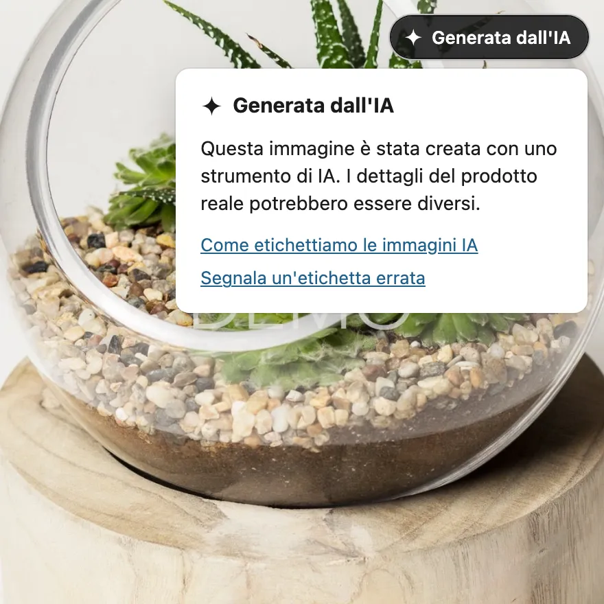 La pagina prodotto di un terrario in vetro. Un’etichetta scura «Generata dall’IA» si trova nell’angolo in alto a destra della foto, con la sua spiegazione aperta sotto.