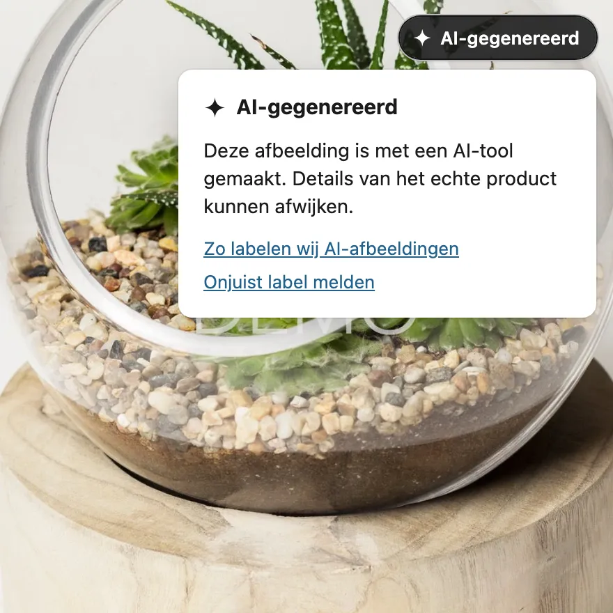Een productpagina voor een glazen terrarium. Een donker label "AI-gegenereerd" staat rechtsboven in de foto, met de uitleg eronder geopend.