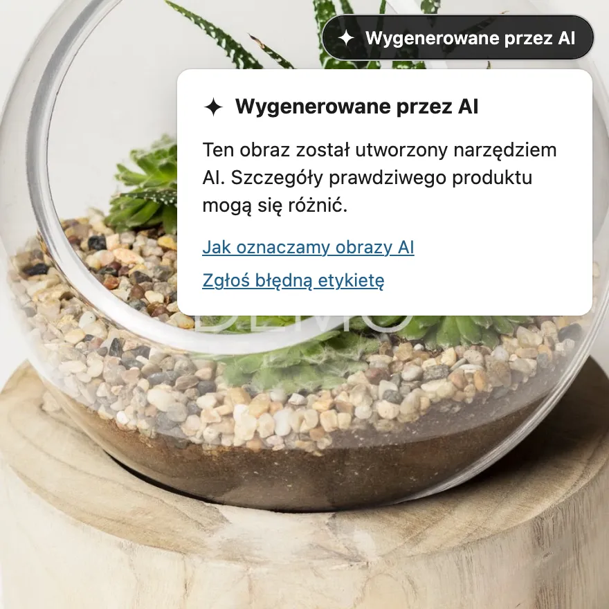 Strona produktu ze szklanym terrarium. W prawym górnym rogu zdjęcia widać ciemną etykietę „Wygenerowane przez AI”, a pod nią otwarte wyjaśnienie.