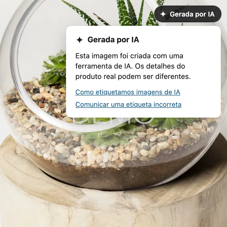 Página de produto de um terrário de vidro. Uma etiqueta escura «Gerada por IA» está no canto superior direito da fotografia, com a explicação aberta por baixo.