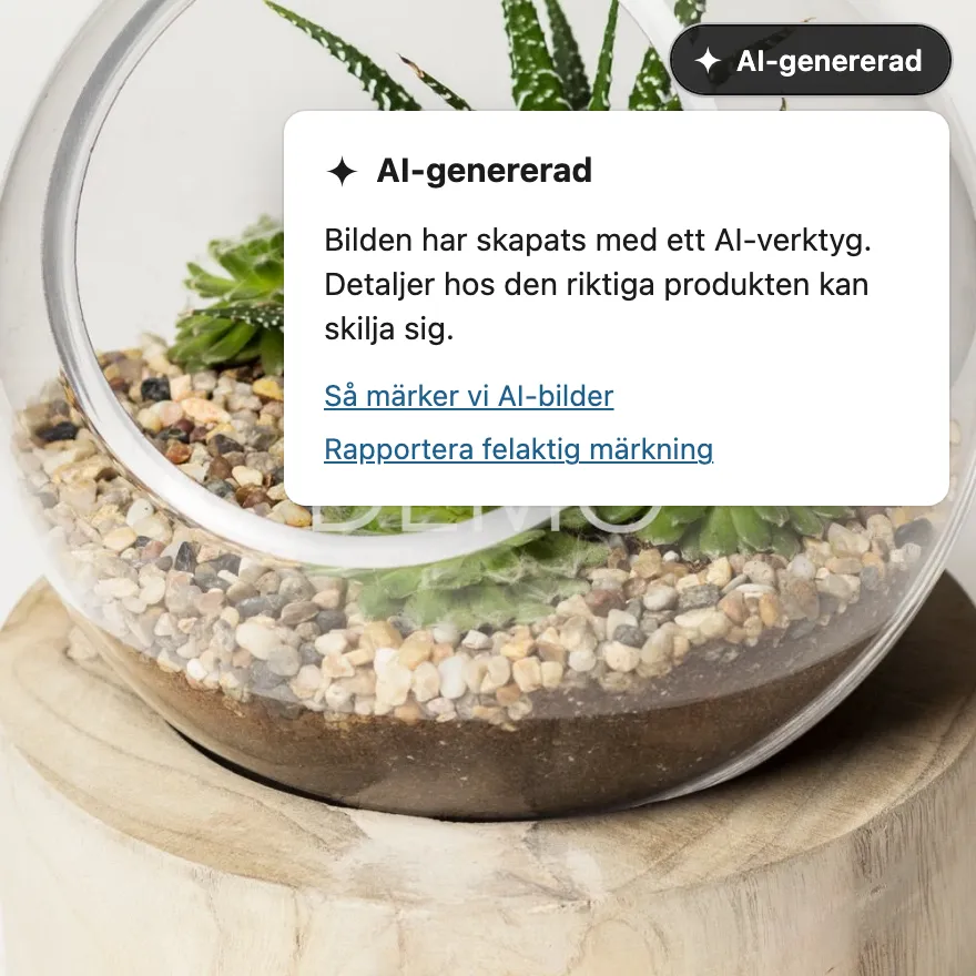 En produktsida för ett terrarium i glas. En mörk märkning med texten ”AI-genererad” sitter i fotots övre högra hörn, med förklaringen öppen under.