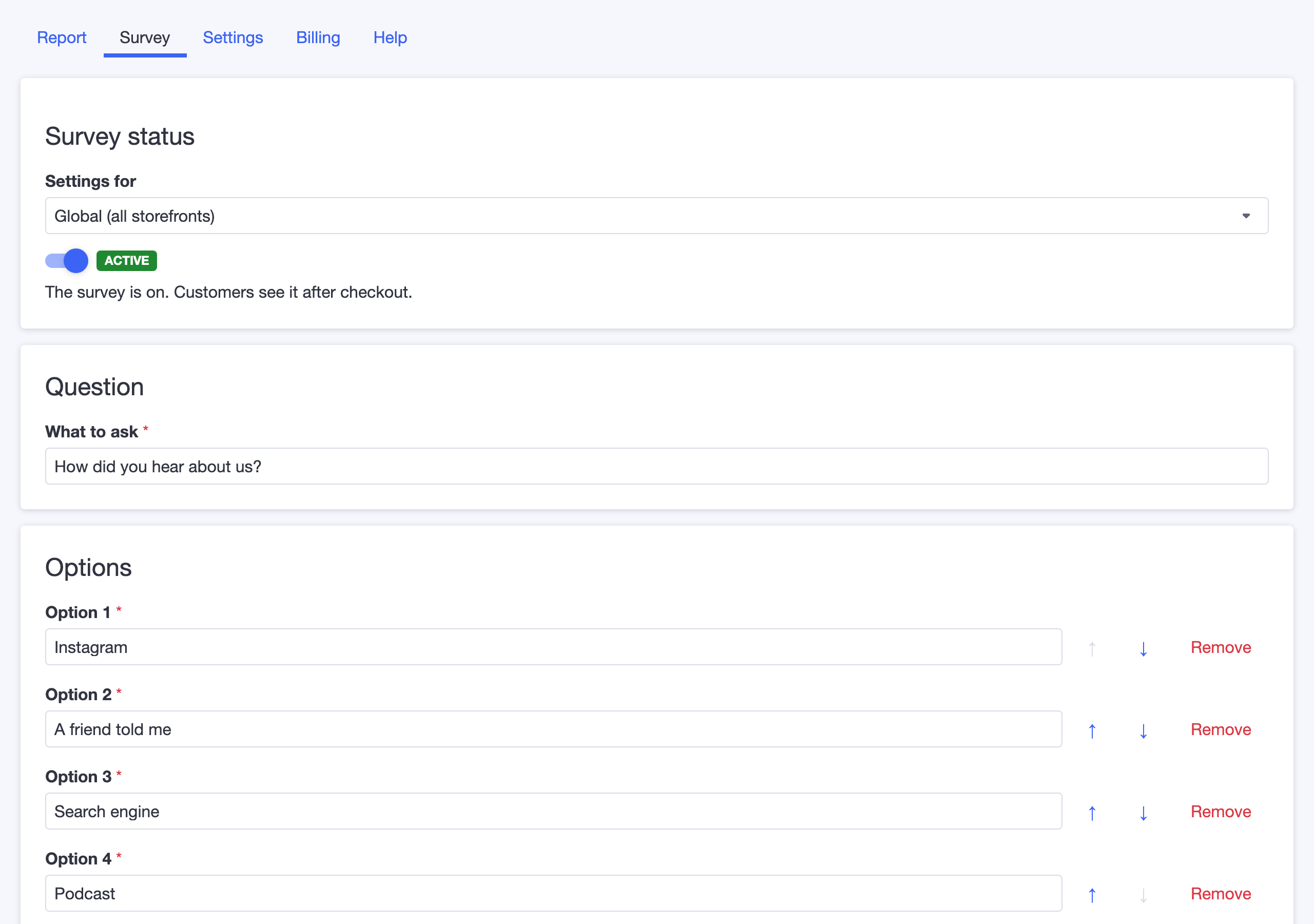 The Hearsay survey editor, with the question text and a list of editable answer options.
